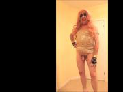 Pink haired tranny in gold sparkle dress