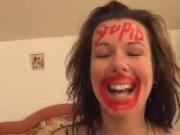 Slut gets stupid written on her forehead and likes it