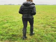 Puffer Princess in her Black Downjacket and Leather Leggings