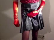 Stroking my cock with red satin gloves