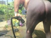 naked gardening. watering, muddy play and cold shower