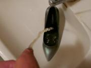 Piss in wifes black and grey stiletto high heel