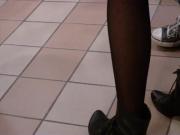 Candid long legs in pantyhose and boots at Mc Donalds