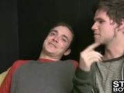 Busty amateur babe takes turn servicing two straight dudes