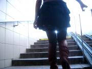 Girl in black stockings &amp; red high boots going upstairs 1