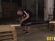 Restrained masked sub twink Axel Rubberax milked for cum