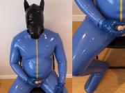 Latex puppy edging and cumming in sheath