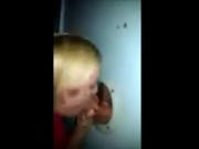 Blonde works two gloryholes and her BF