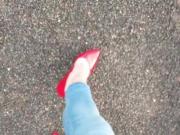 Walking in red patent heels and skinny jeans POV.MP4