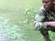 Cock-strong twink soldier by the river