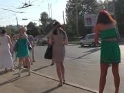 Green dress russet costume taking the bus