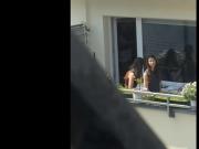 Neighbor teen with girlfriend on balcony and shy views to me