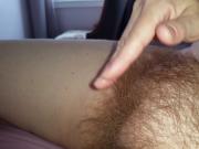 my wife caressig the long hairs on her own hairy pussy