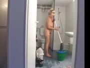 Mature BBW Cleaning Lady Does Two Guys in the Men's Room