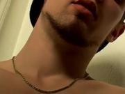 Serious dude tugs his big hard rod and breathes heavily