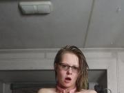 Collared college girl enjoys rough glass dildo and hitachi