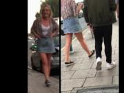 Upskirt Random Blonde Slut in Jean Miniskirt and black thong