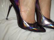 Shoejob and cum on her holograph heels