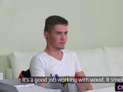 Casting euro in uniform riding on cock