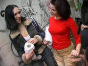 A guy jerked by 2 girls outdoor CFNM 