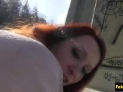 Euro redhead pulled and pussyfucked outdoors