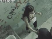 Bratty brunette fucks in public restroom