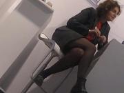 Candid mature legs in black pantyhose
