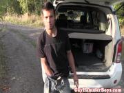 Finelooking hunk solo jerking off on the road