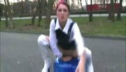 Girl is using a gym ball.