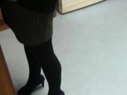 Candid Black pantyhose and heels at work