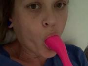 My new lady licking her cum off her dildo