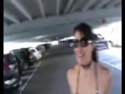 Public collared bikini girl