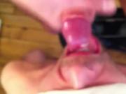 Guy takes the cum load on his tongue and swallows