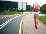 HOT russian teen walking in short skirt, red heels and nylon