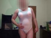 Fake Boobs - posing in white sports-body, shaved.