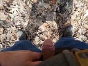 Thick cock pissing in forest.