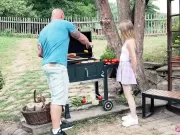 Hot Summer BBQ - Maya Gets Her First Outdoor Threesome