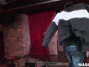 Muscular gay stripper takes off his clothes and masturbates