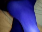 Wanking over wife's feet in blue tights