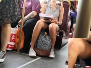 Cute legs, thighs and upskirt on the bus