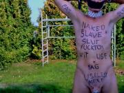 naked slave striptease outdoor exposed bodywriting chastity
