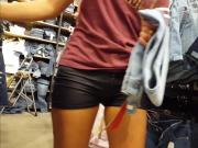 Candid voyeur teen tight shiny shorts shopping