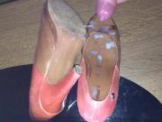 Cum on worn high heeled pumps