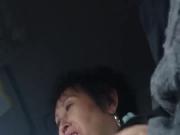 homemade, older chinese lady wanks cock in car