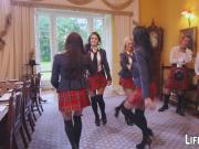 Kinky schoolgirls wearing Scottish skirt and fucking for bet