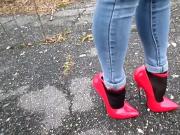 Walking in extreme heels and jeans