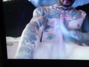 Bearded tattooed straight guy edging his huge thick cock
