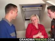 Nasty old granny spreads legs for two dicks