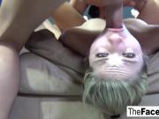 Blonde babe gets her throat filled with cock