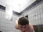 Fag billy gags on dildo in public toilet